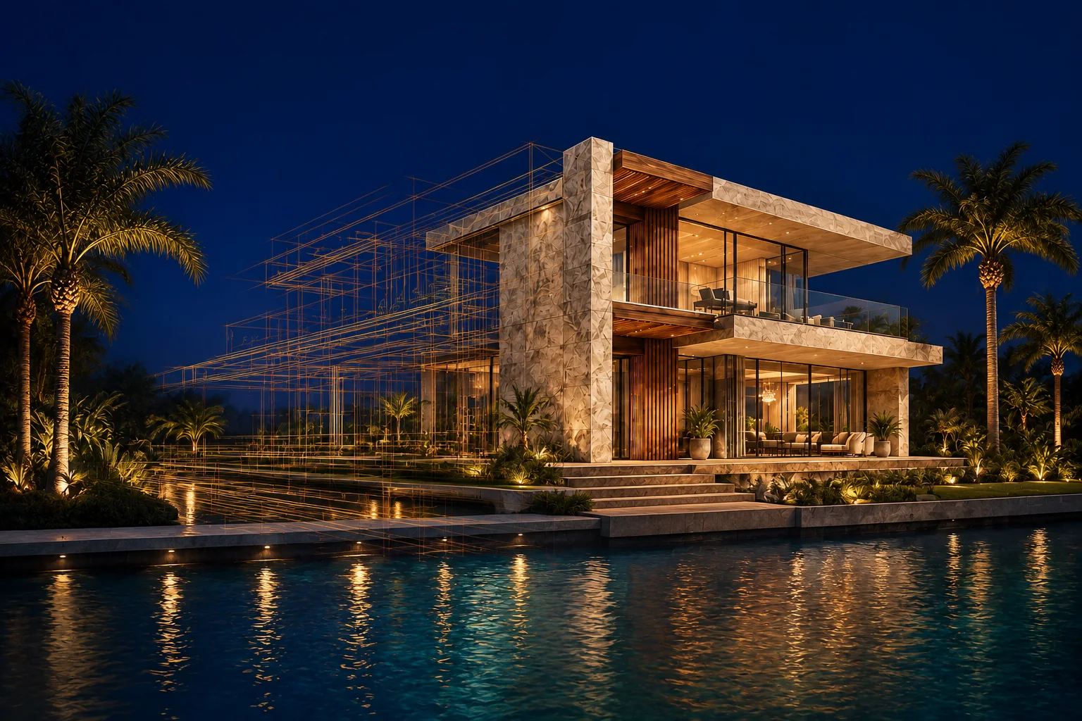 Illustrative waterfront architectural concept with bronze design lines, illuminated Florida palms and tropical landscaping reflected in a canal
